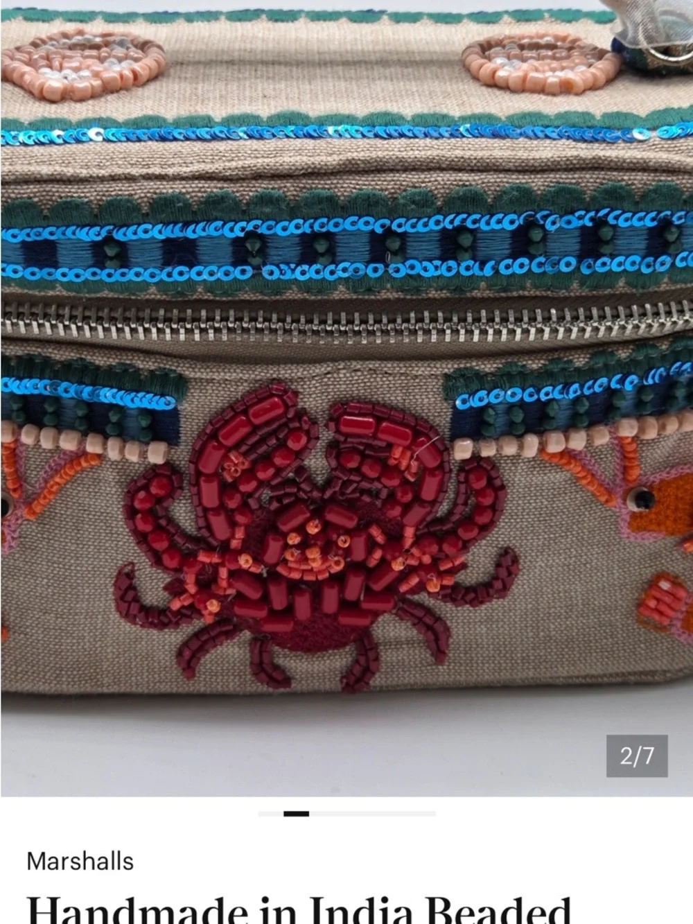 Handmade in India Beaded Crab Lobster Box Bag Crossbody Purse Coastal NWT
